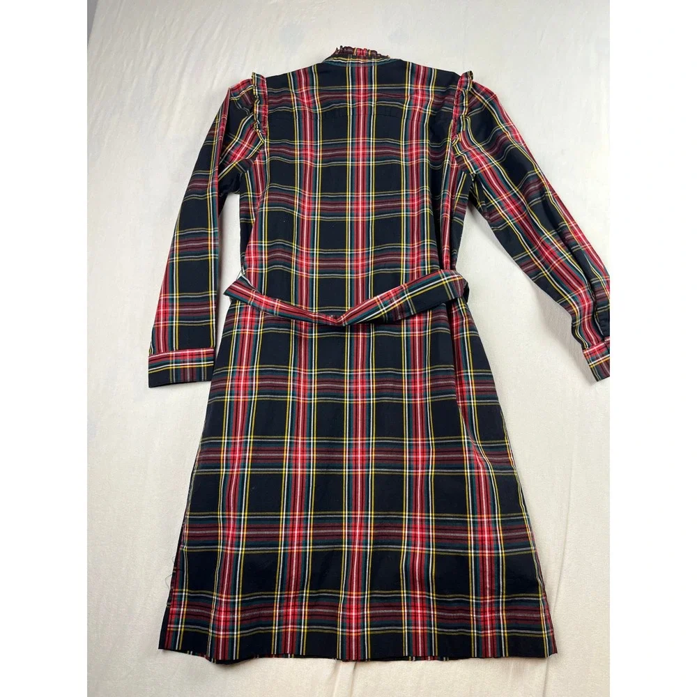 J.Crew Plaid Ruffle Collar Shirt Dress Black Red Stewart Tartan Belted 2